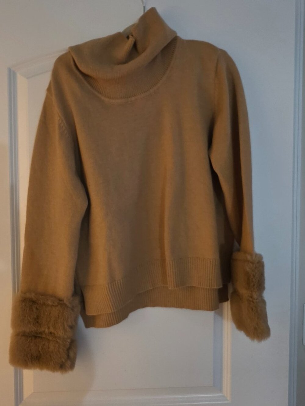 Love + Luxe Camel Turtleneck Sweater with Faux Fur Cuffs Size M/L
